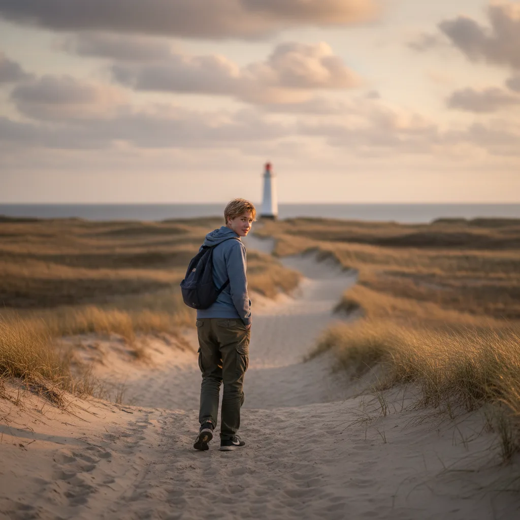 Konfirmand går på en klitsti i lavt aftenlys med Hirtshals Fyr i baggrunden